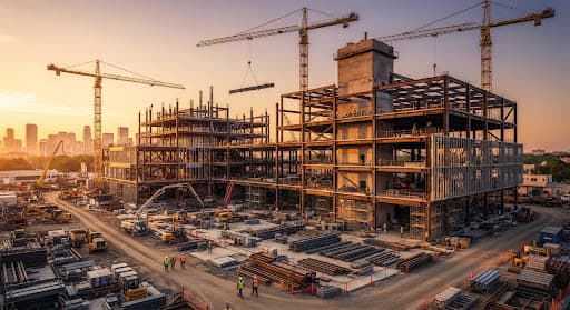 Construction site with steel frames at golden hour